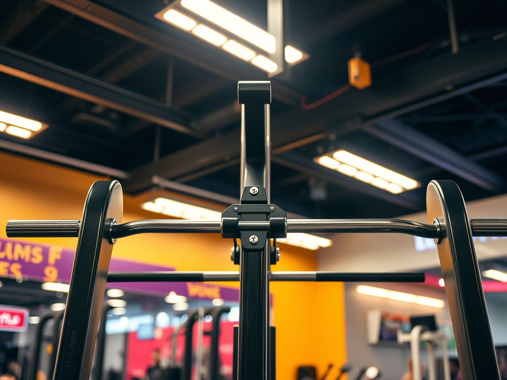 Smith machine with a barbell in a well-lit gym, featuring vibrant colors and modern equipment