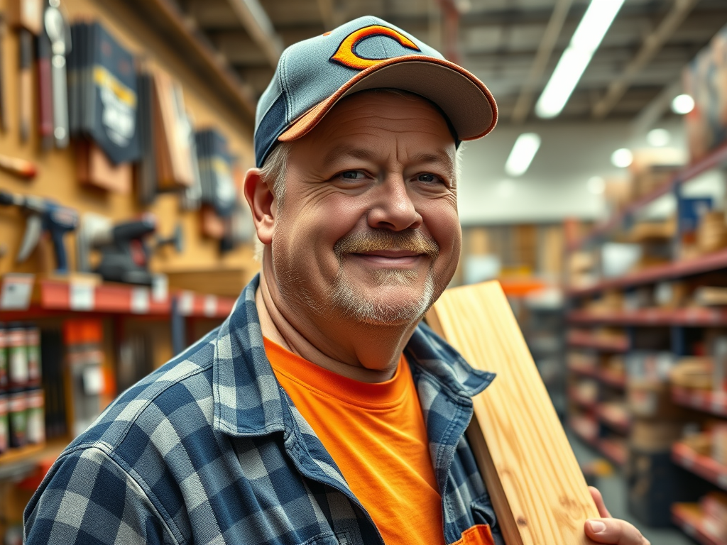 Smiling middle-aged man wearing a cap and plaid shirt, standing in a warmly lit store aisle.