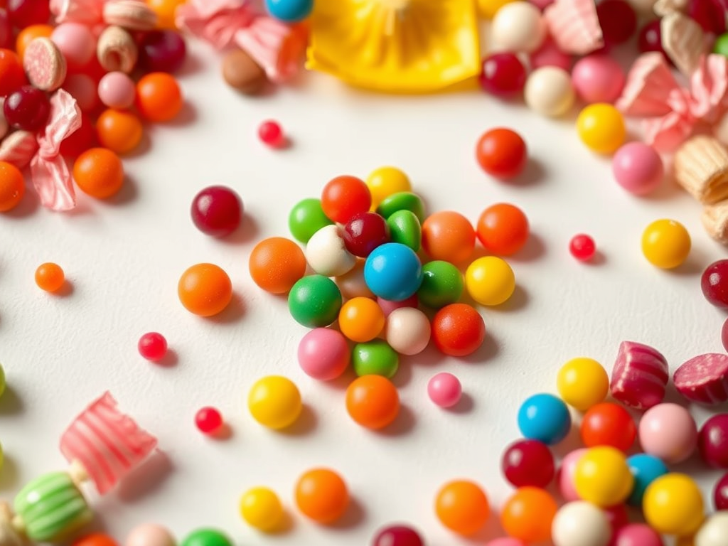 Colorful round candies scattered on a white surface, with a mix of bright sweets.