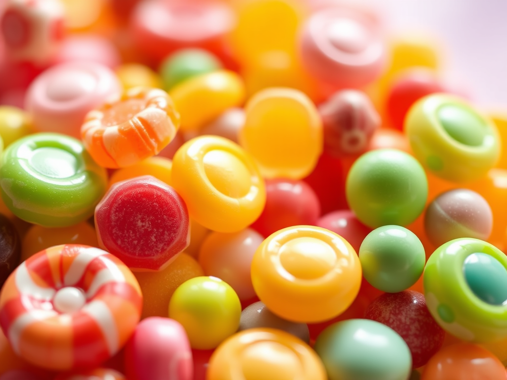 Close-up of colorful round and hard candies in various bright shades.