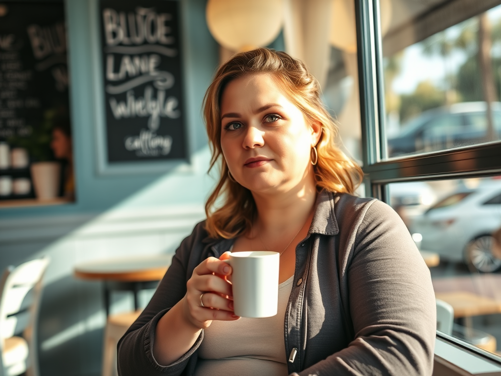 Woman sitting in a cozy café, holding a coffee cup and gazing thoughtfully