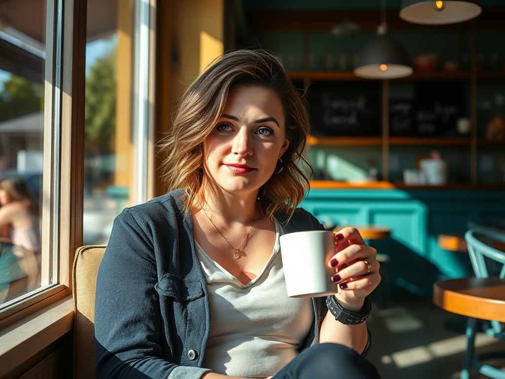 Woman sitting in a sunlit café, holding a coffee cup and gazing into the distance