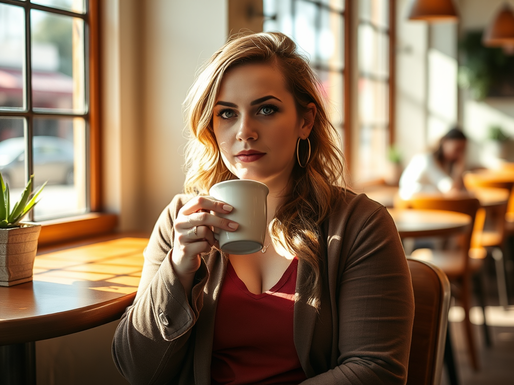 Woman with blonde hair holding a coffee cup in a sunlit café, gazing thoughtfully