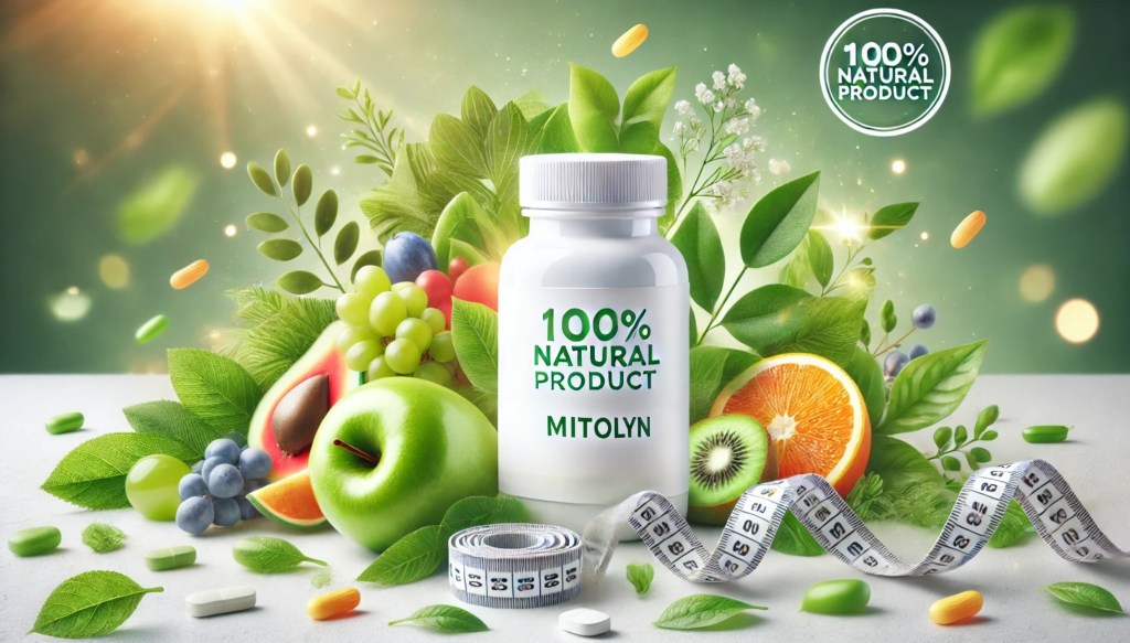 Advertisement for Mitolyn weight loss supplement showing bottle.